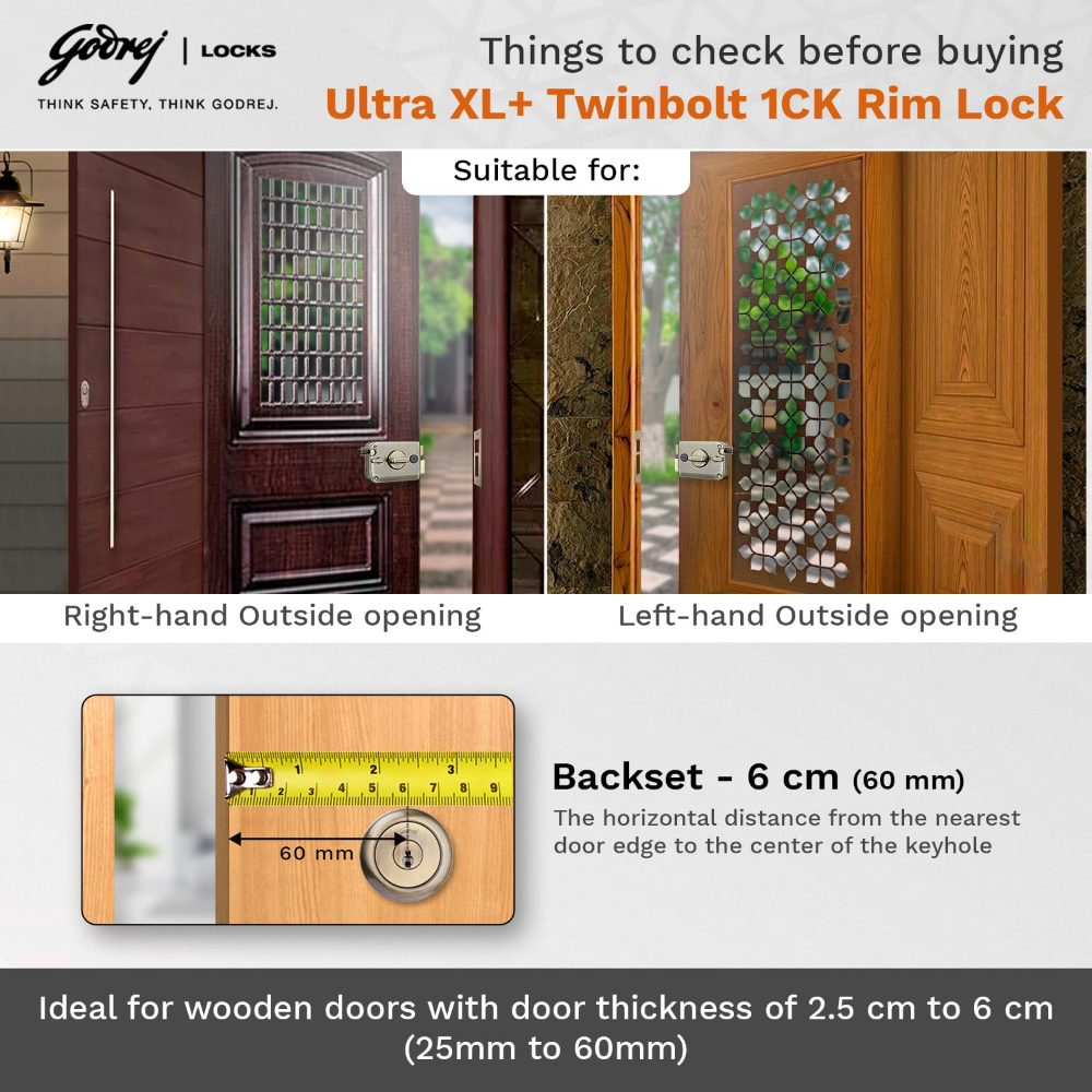 Godrej Rim Lock I Twinbolt Ultra XL plus I 1CK Latchbolt I For Outside Opening Door l LeftorRight Handed Doors I 4 Keys I 5-Year Warranty I Automatic Locking l Antique Copper Finish